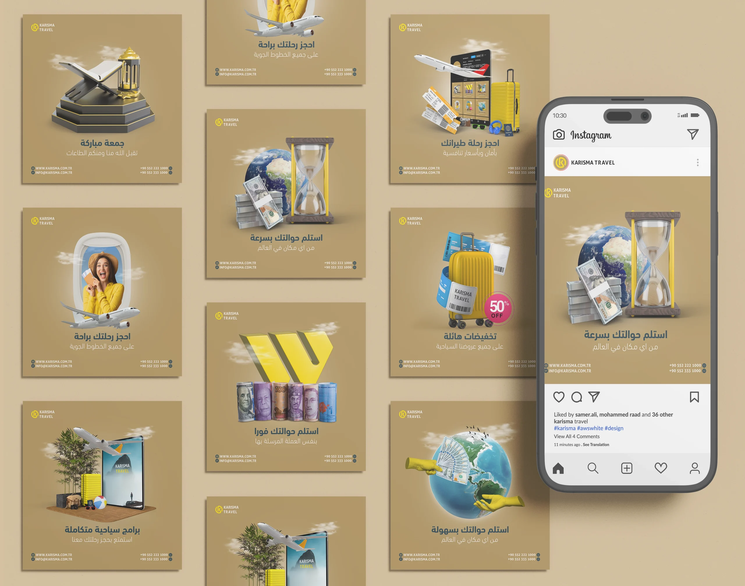 منشورات سوشيال ميديا لشركة Karisma Travel للترويج لخدمات السفر، الحجز، والتحويلات المالية.