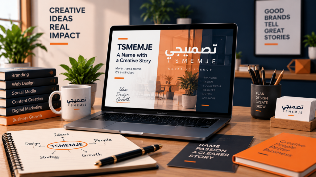Tsmemje الاسم الإنجليزي لعلامة تصميمجي وهوية الوكالة الإبداعية
