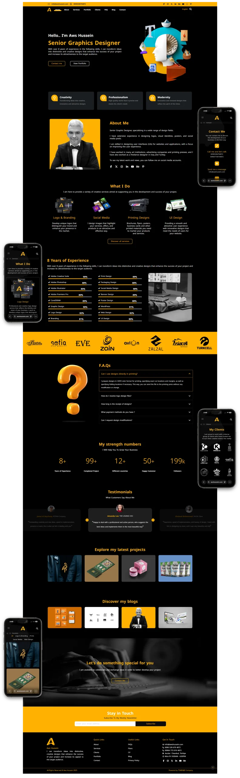 لقطة من تصميم الموقع الإلكتروني للمصمم Aws Hussein، تضم أقسام السيرة الذاتية، الخدمات، نماذج الأعمال، العملاء، الإحصائيات، والمراجعات بتصميم داكن وألوان برتقالية حديثة.