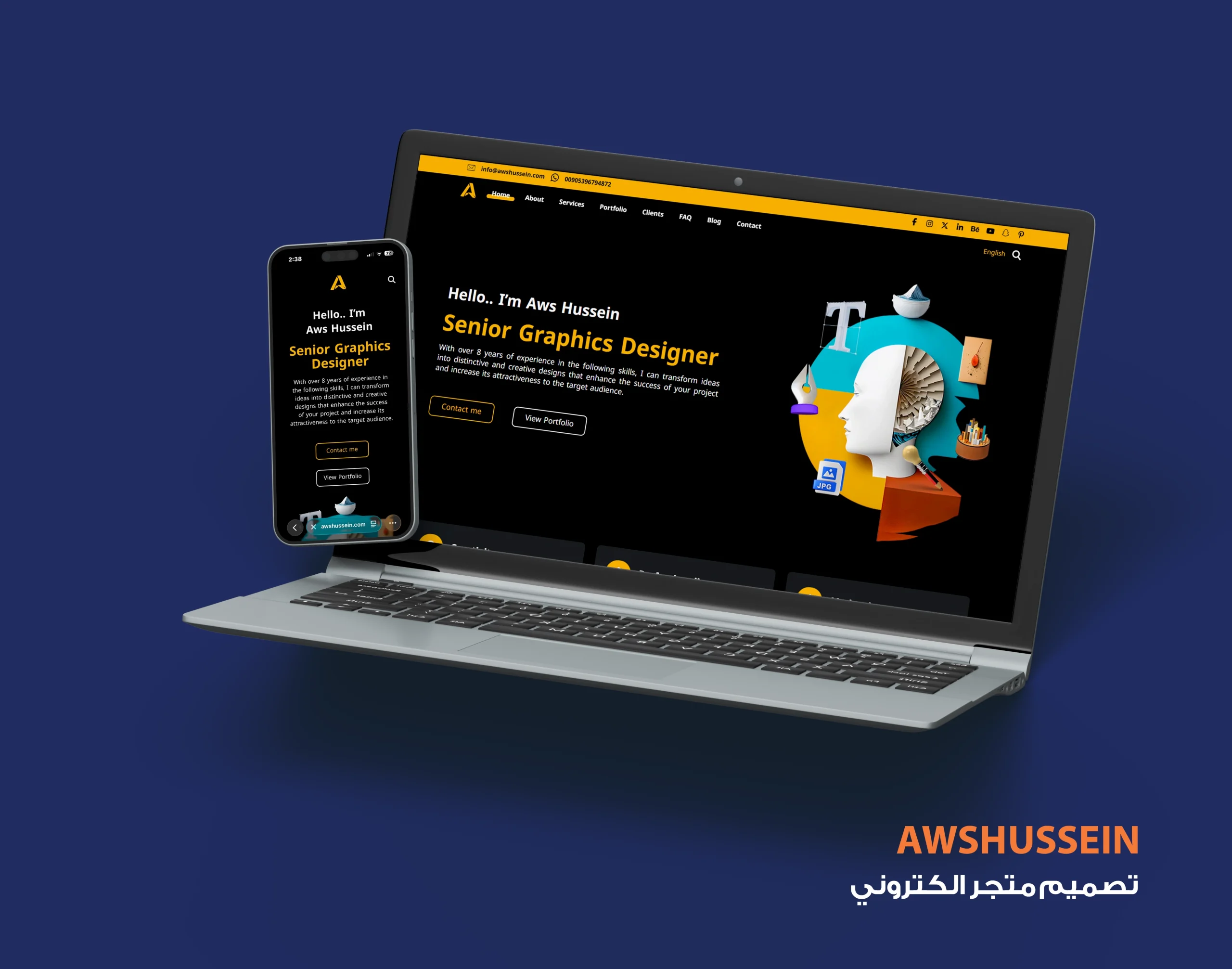 تصميم موقع إلكتروني شخصي للمصمم Aws Hussein يعرض أعماله وخدماته في التصميم الجرافيكي بأسلوب عصري وواجهة تفاعلية أنيقة.